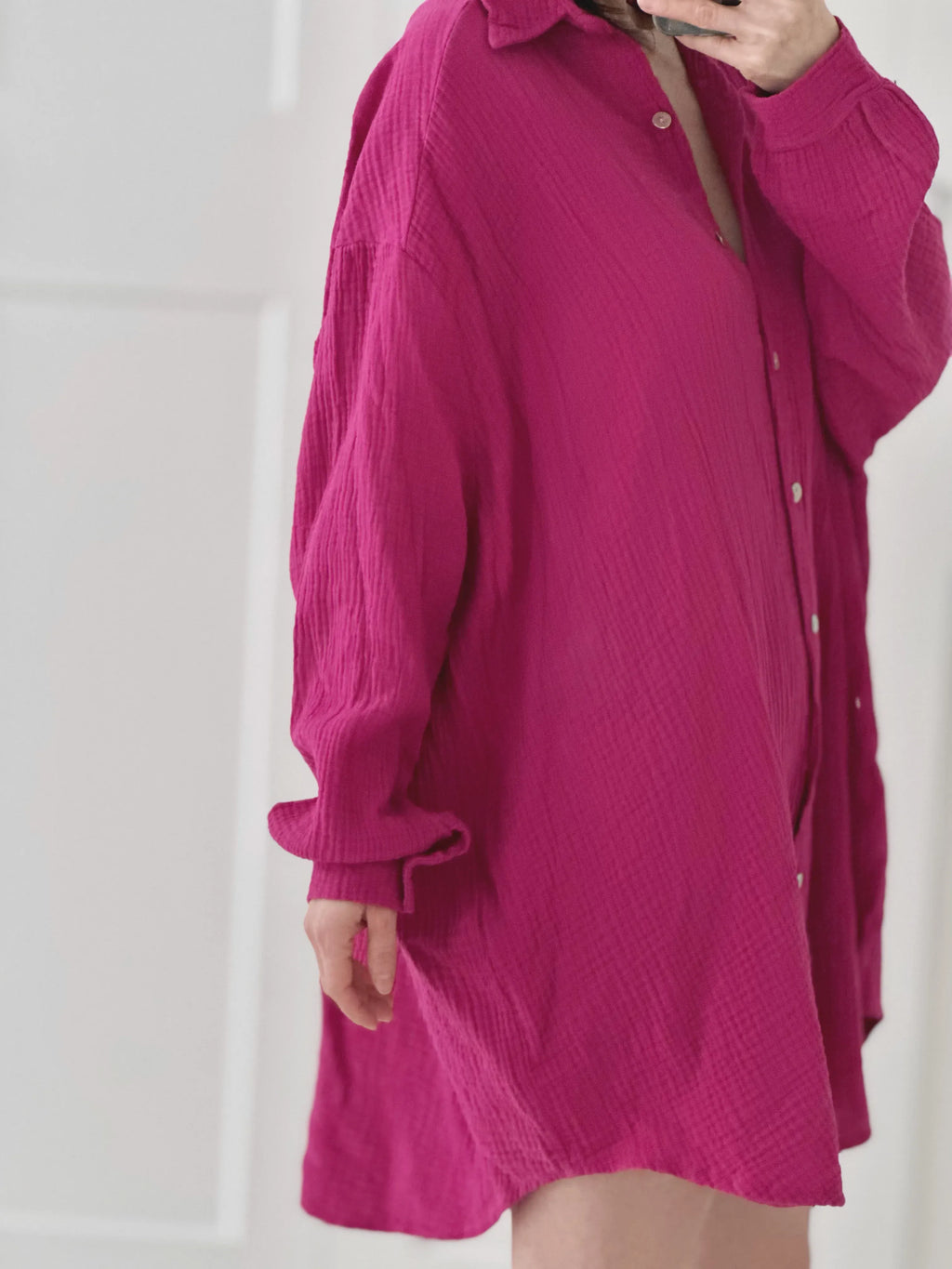 Blusa de muselina, larga oversize, color fucsia