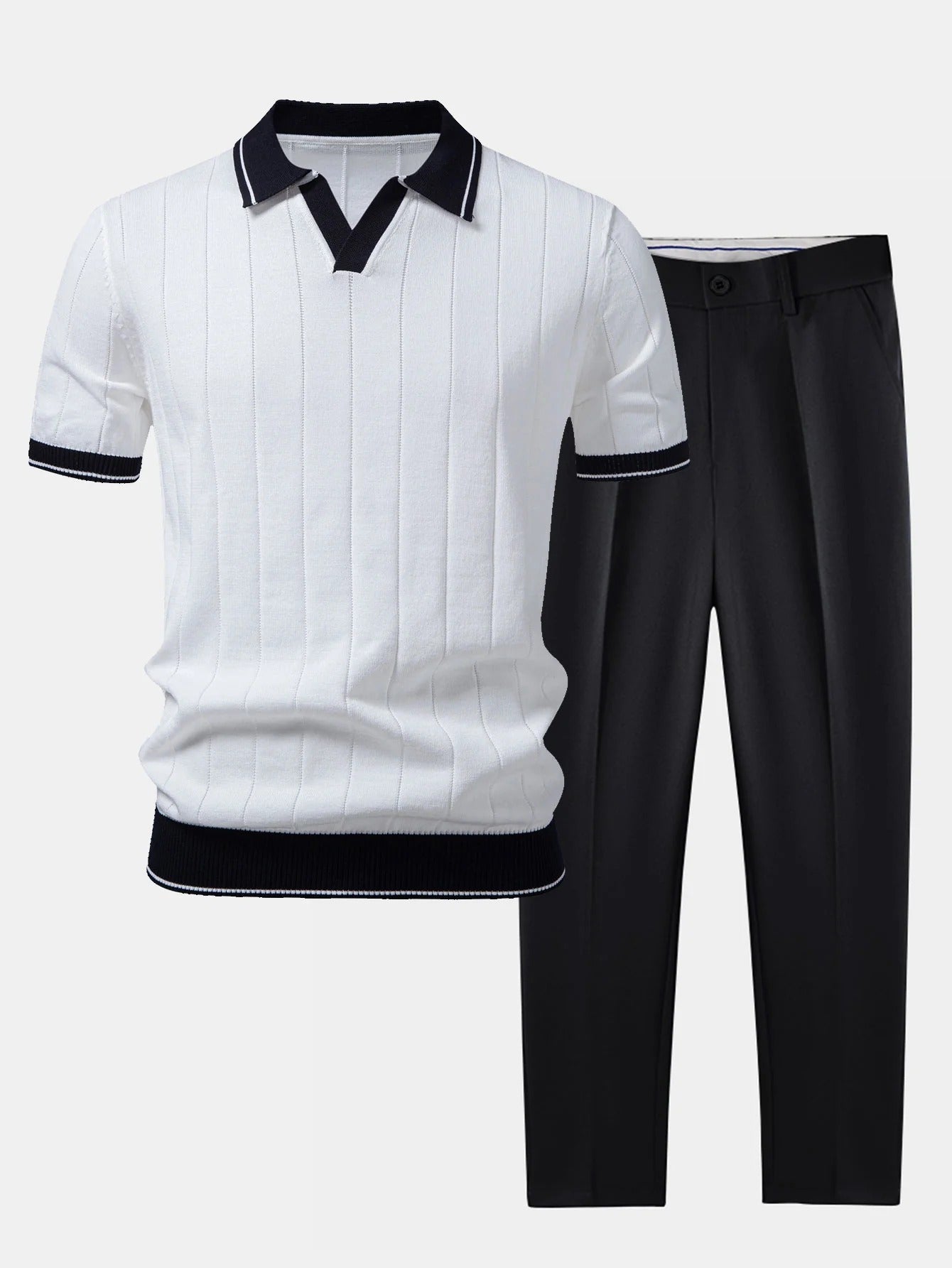 Polo de punto con cuello Johnny acanalado y ribete en contraste y pantalones ajustados de corte cónico.