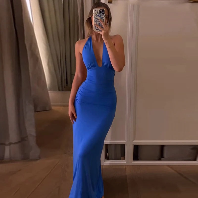 Vestido Largo Elegante Halter | Escote Profundo y Corte Ajustado
