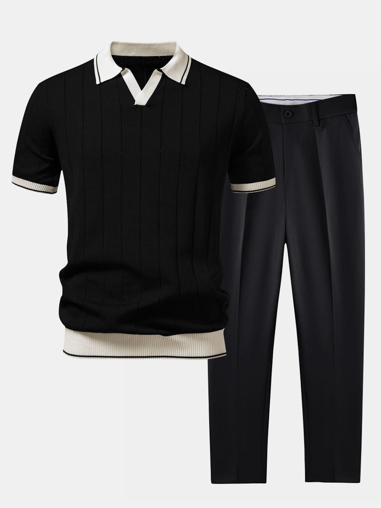Polo de punto con cuello Johnny acanalado y ribete en contraste y pantalones ajustados de corte cónico.