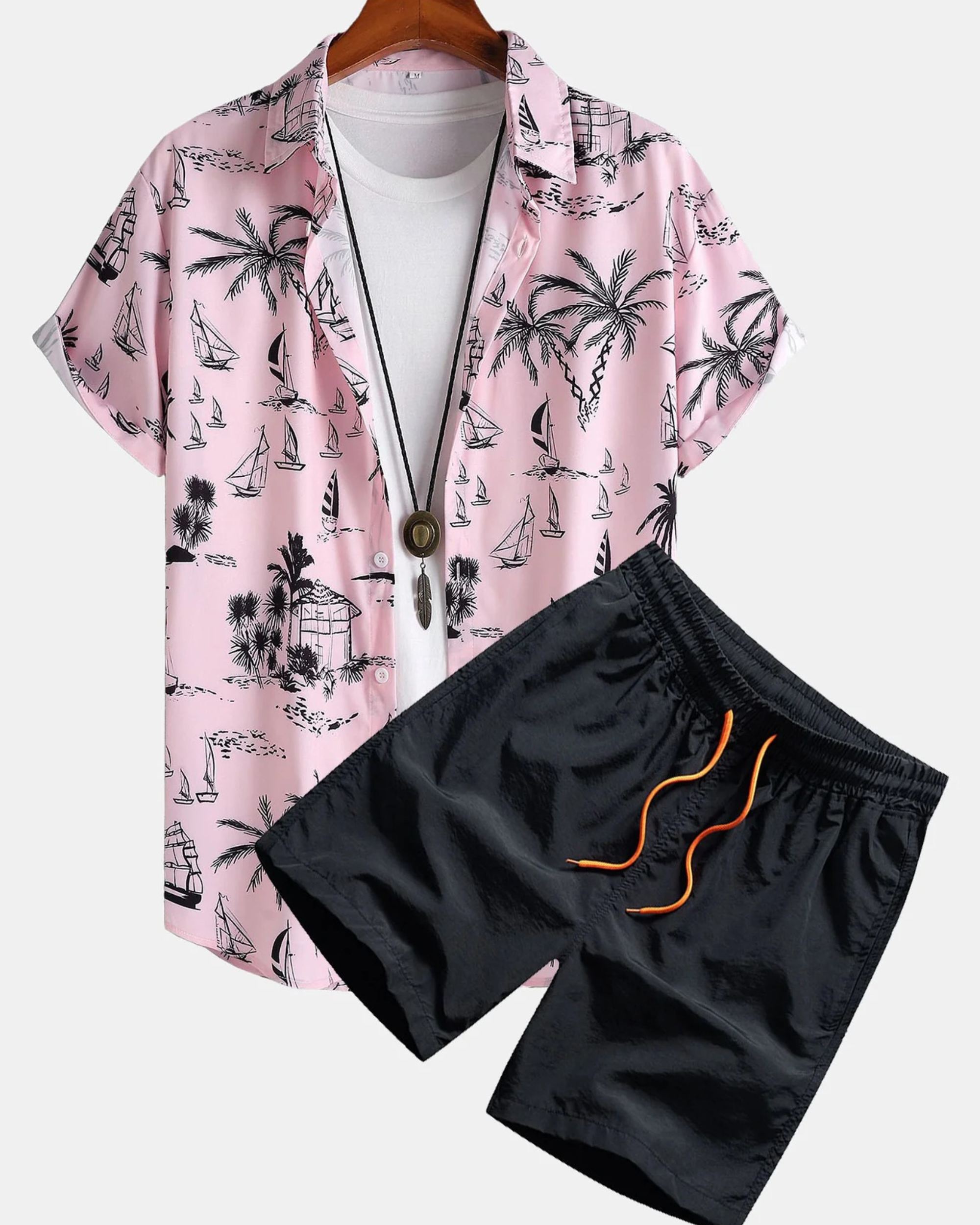Camisa de botón con estampado de velero de palmera y pantalones cortos de baño