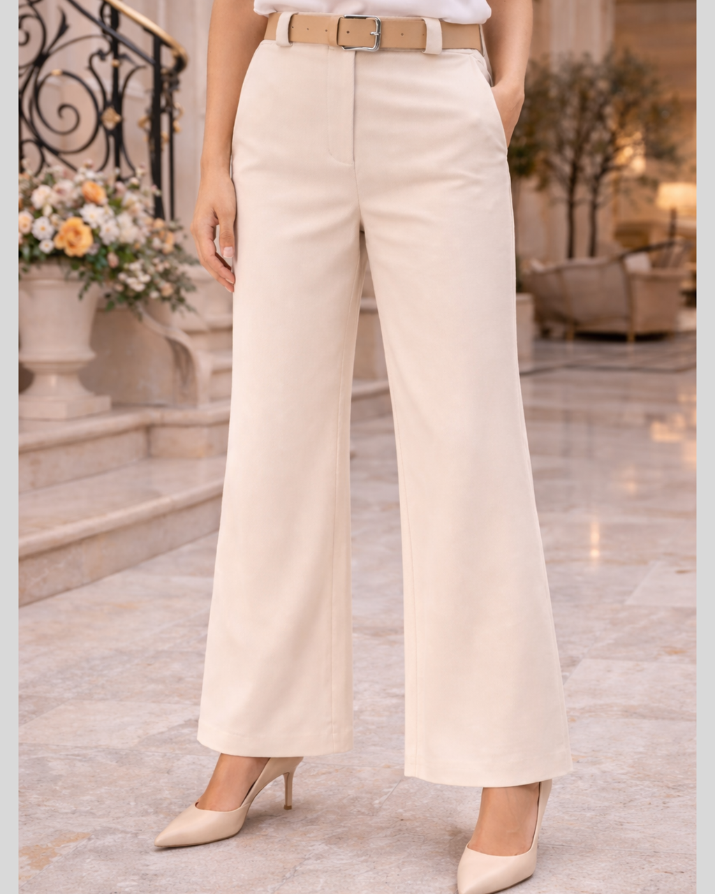 Pantalones rectos lisos con cintura elástica - Beige