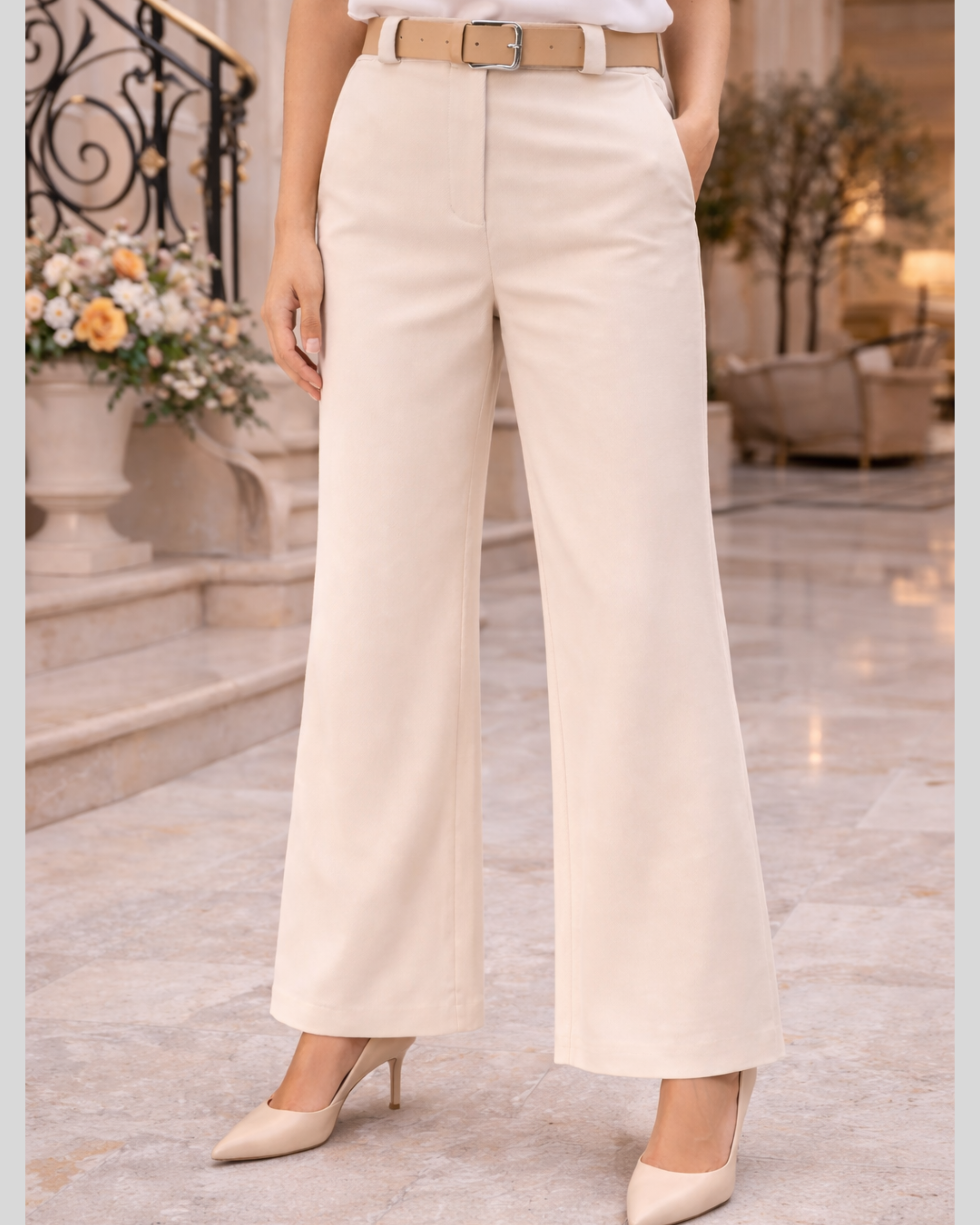 Pantalones rectos lisos con cintura elástica - Beige