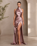 Paulina|Vestido Largo de Satén de Lujo con Cuello Alto