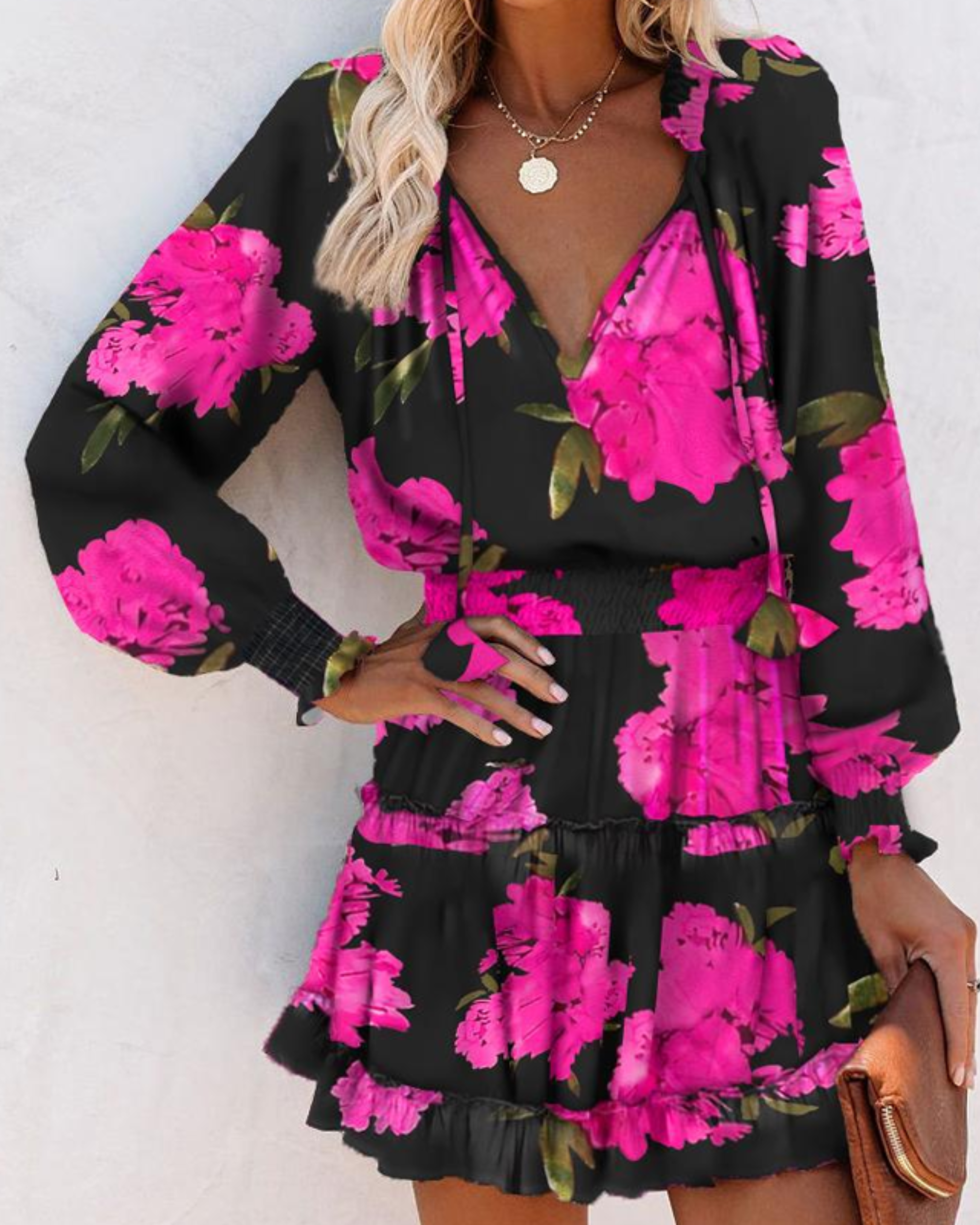 SARA-Vestido  de mujer con escote en pico, manga larga y volantes en el bajo