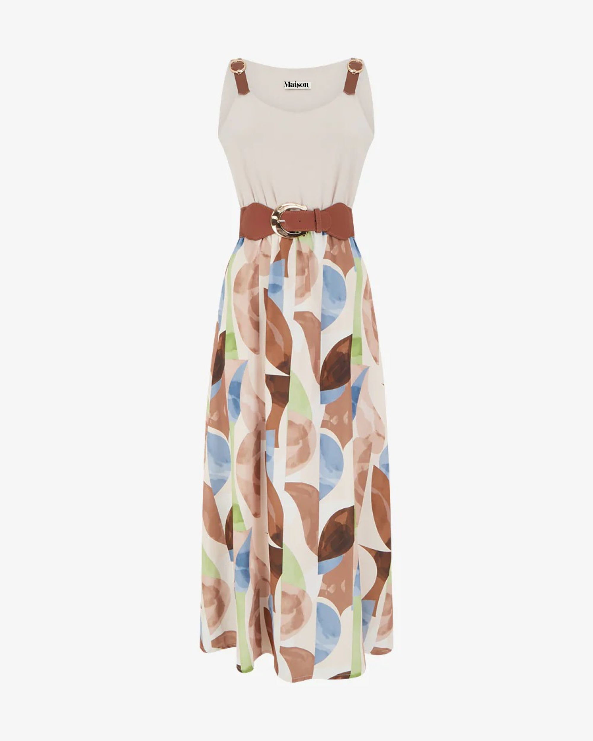 Vestido con estampado de fantasía y tirantes de piel sintética