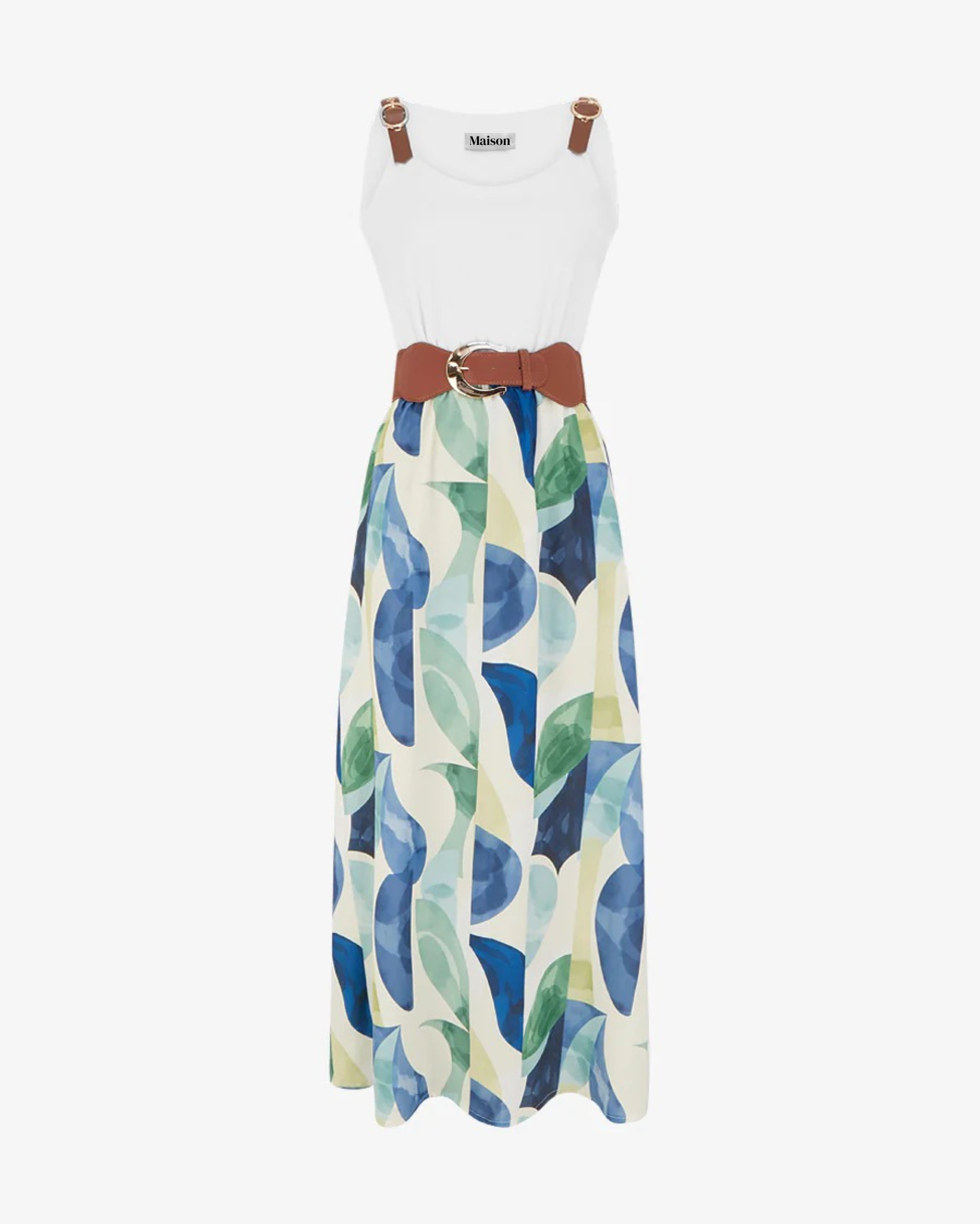 Vestido con estampado de fantasía y tirantes de piel sintética