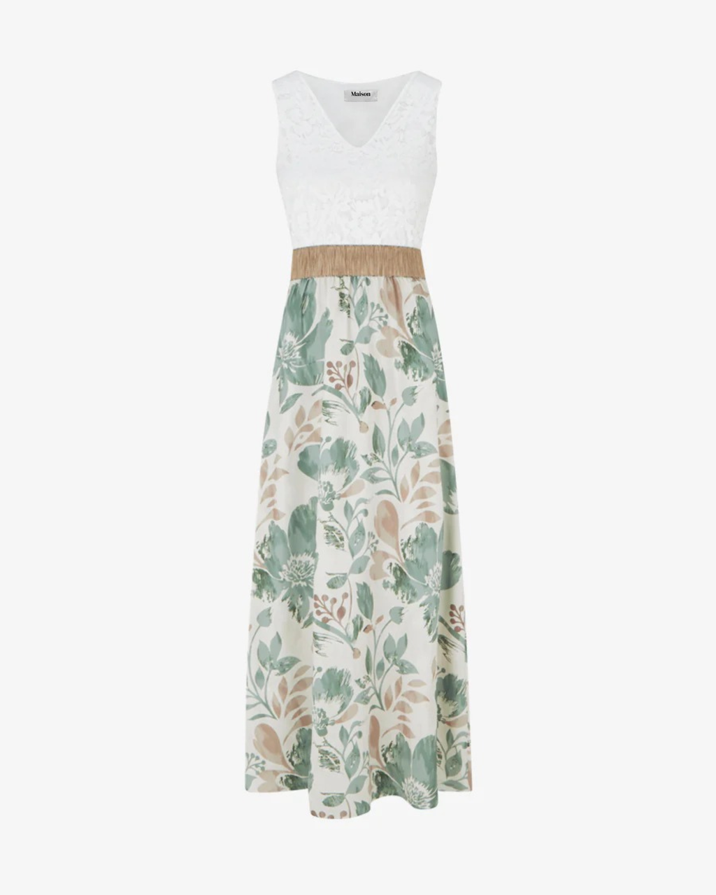 Vestido largo con encaje y estampado floral - Caqui claro