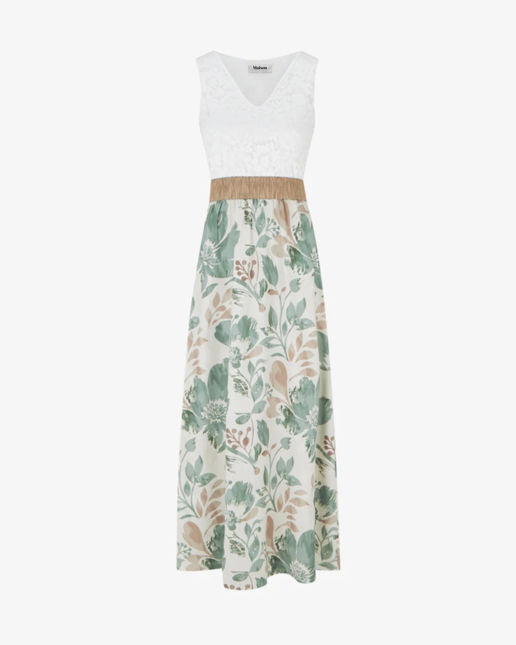 Vestido largo con encaje y estampado floral - Caqui claro